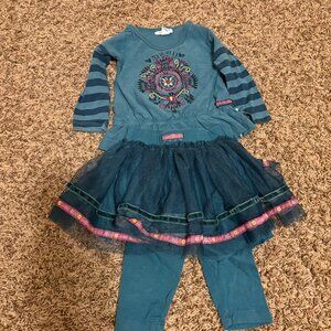 Naartjie Peru Graphic Outfit 6-12 Months Dark Teal Green Tulle Skirt Long Sleeve